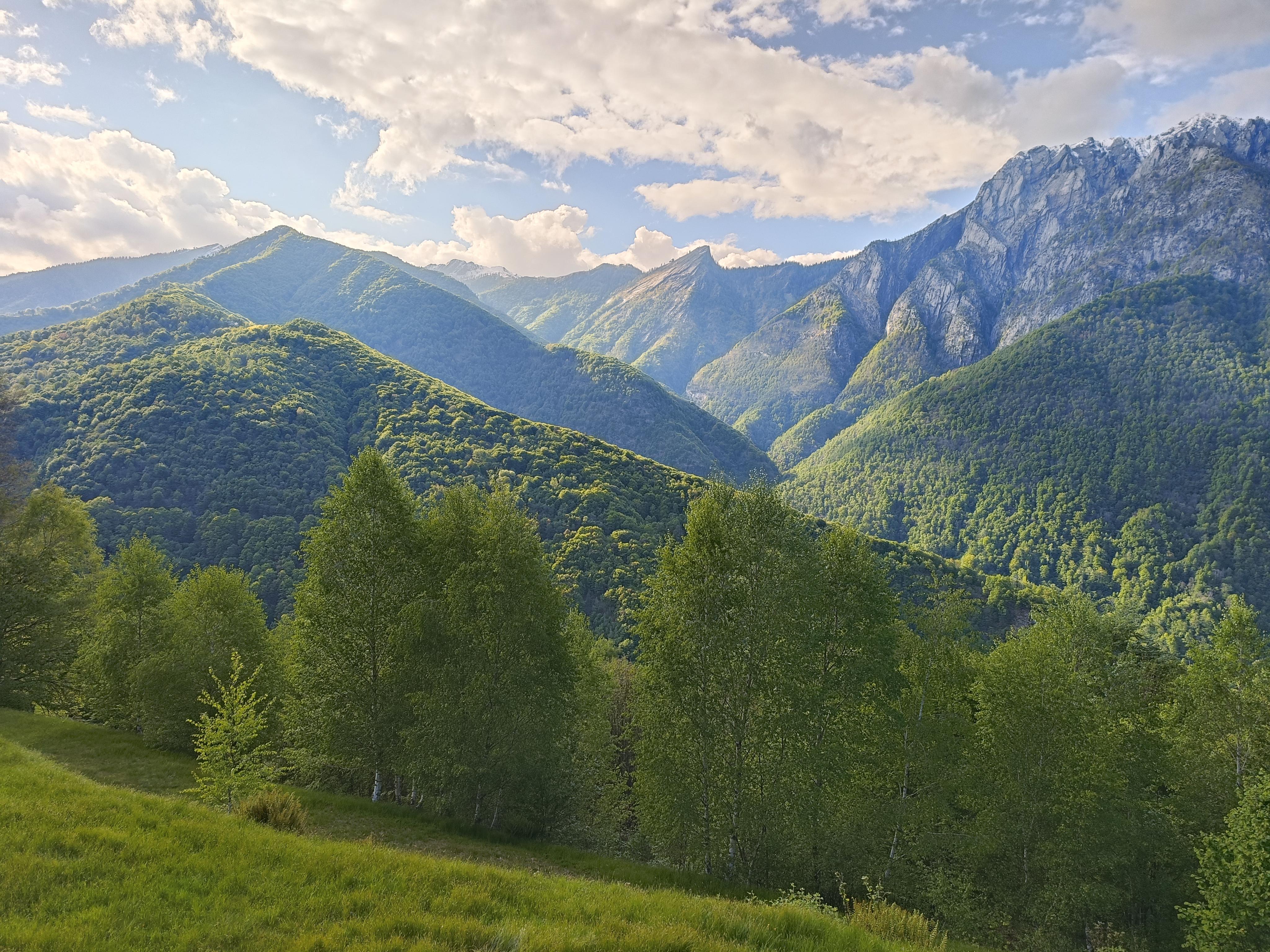 Panoramablick über das Centovalli mit grünen Bergen und blauem Himmel